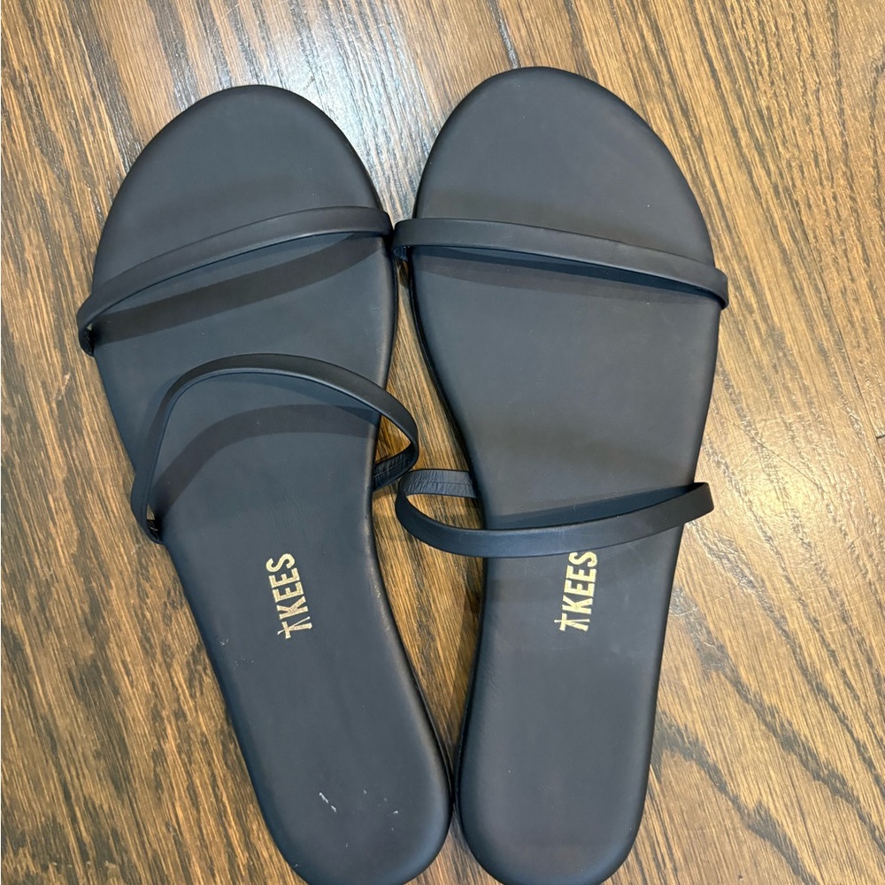 TKEES Gemma Double-Strap Black Leather Slide Sandals - Picture 2 of 4